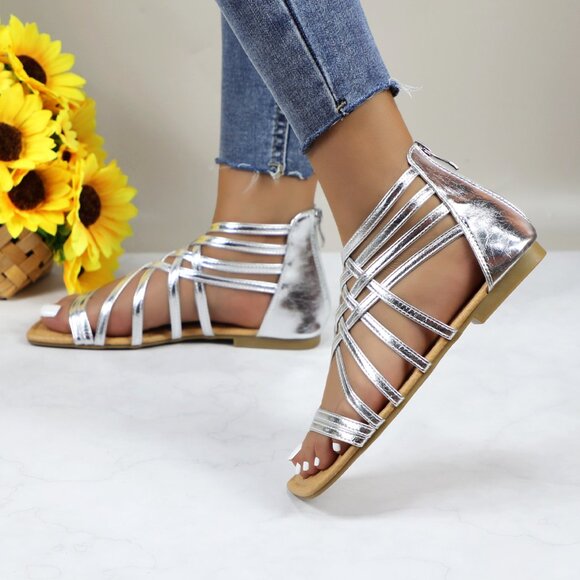 Women's Roman Gladiator Muliti Straped Back Zip Design Flat Heel Sandals Silver - Picture 3 of 5